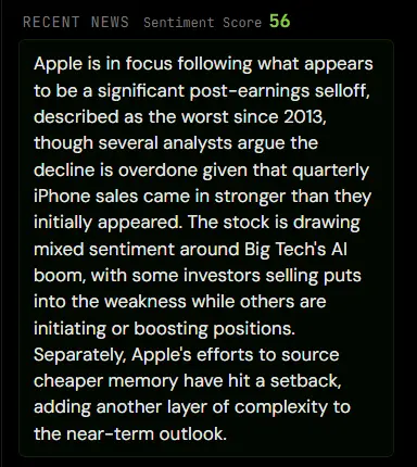 AI-written news summary panel for Apple with a sentiment score, explaining the post-earnings move